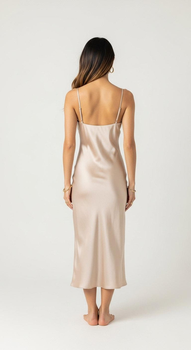 vestido de cetim champagne midi - costas - alças finas, decote nas costas, barra abaixo do joelho