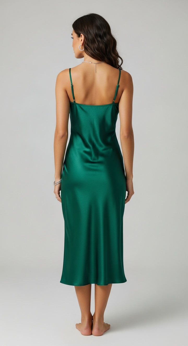 Verde Hover
vestido de cetim verde esmeralda midi - costas - alças finas, decote nas costas, barra midi lisa, visual sofisticado - Verde