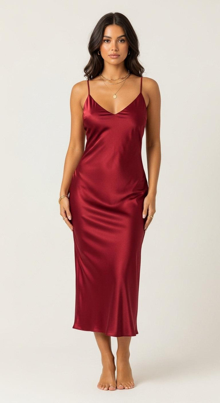 vestido de cetim midi vermelho - frente - decote V marcado, alças finas, comprimento midi, sem fenda, opção para festa e formatura