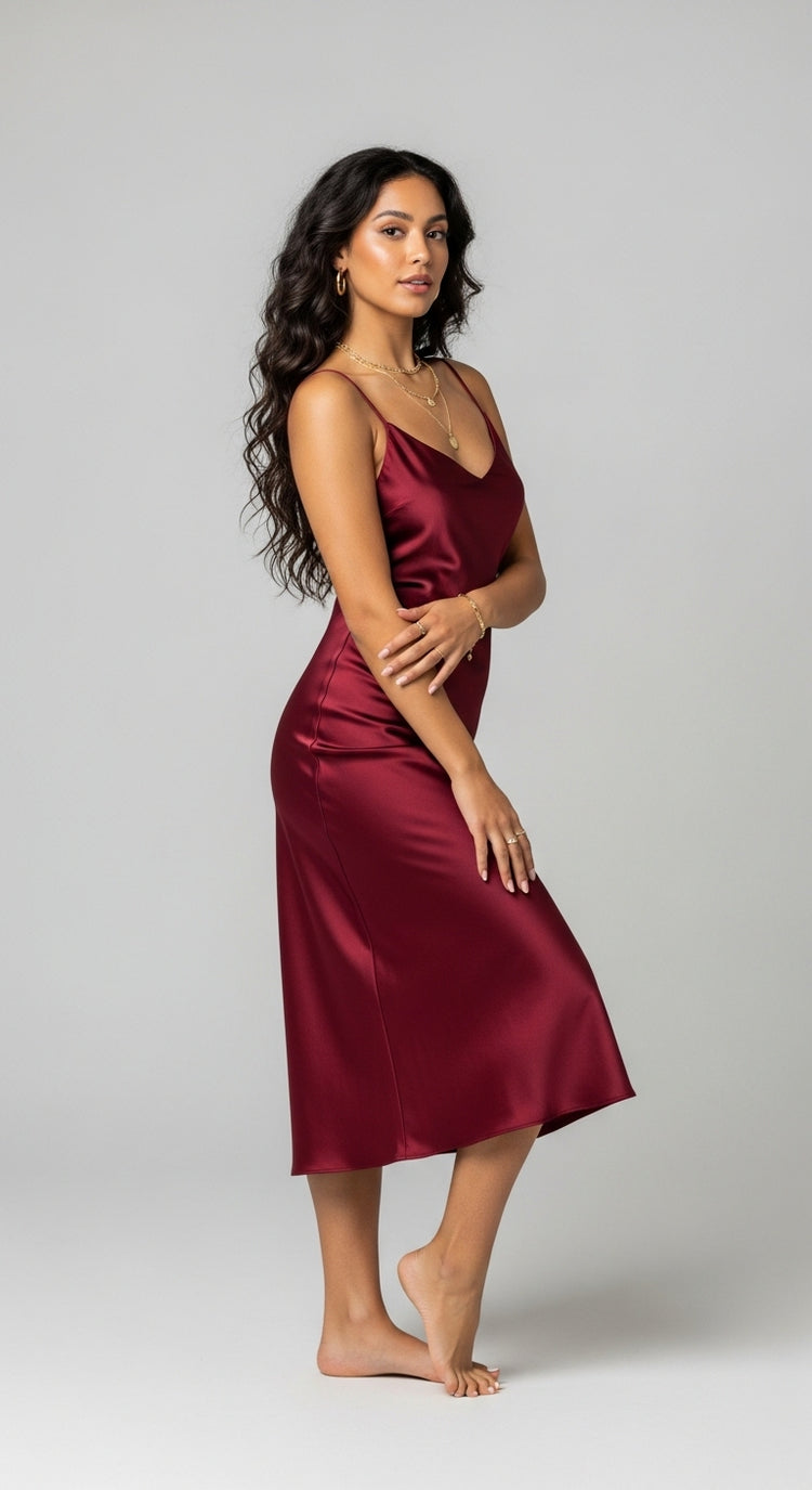 vestido midi vermelho em cetim - lateral 3/4 - brilho acetinado, modelagem lisa, visual elegante para noite